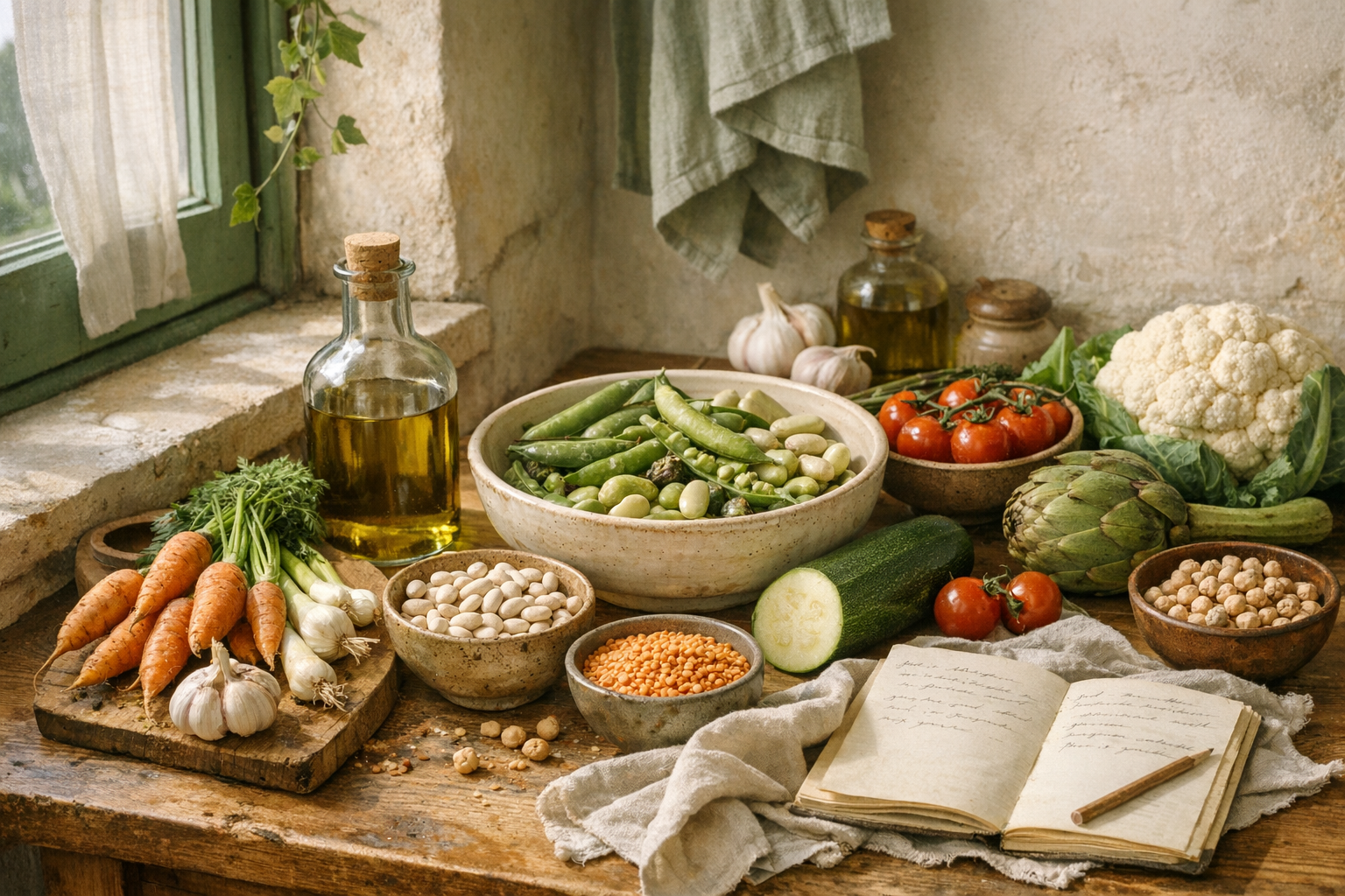 Table de cuisine avec légumes frais et carnet de recettes